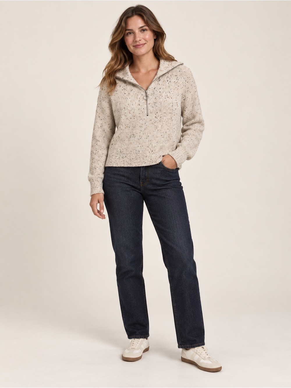 William Rast Cream Speckled Knit Quarter Zip Sweater Women’s Small
